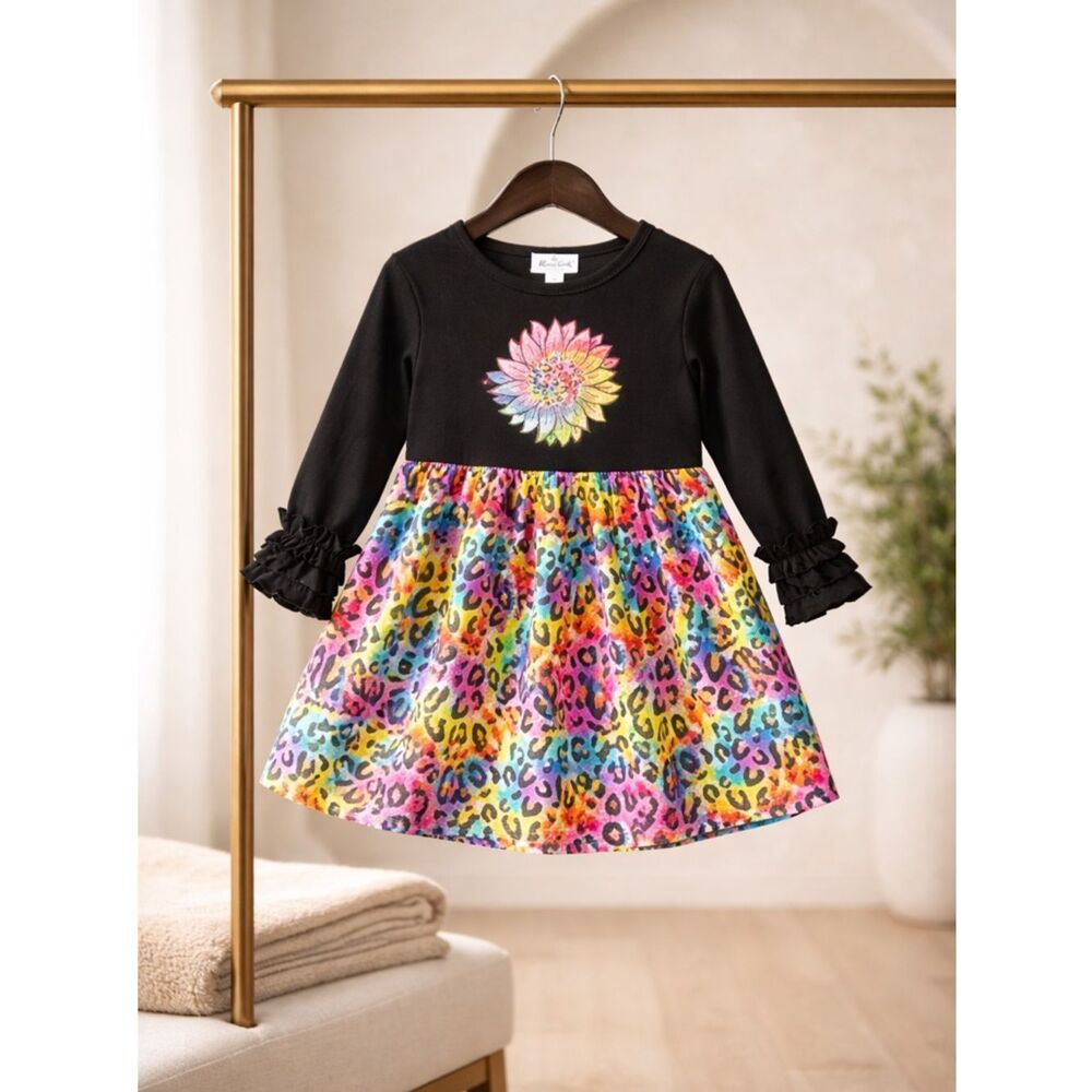 NWT Girls Rainbow Sunflower and Leopard Print with ruffle wrists - Size 12-18 M